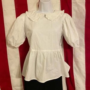 Influence Sz 8 Retro Women's Prairie Collar Peplum White Cotton Blouse